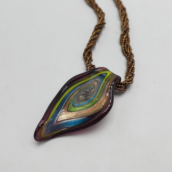 Handcrafted Murano Glass Pendant Necklace With Multicolor Swirl Brown Cord - Picture 2 of 7